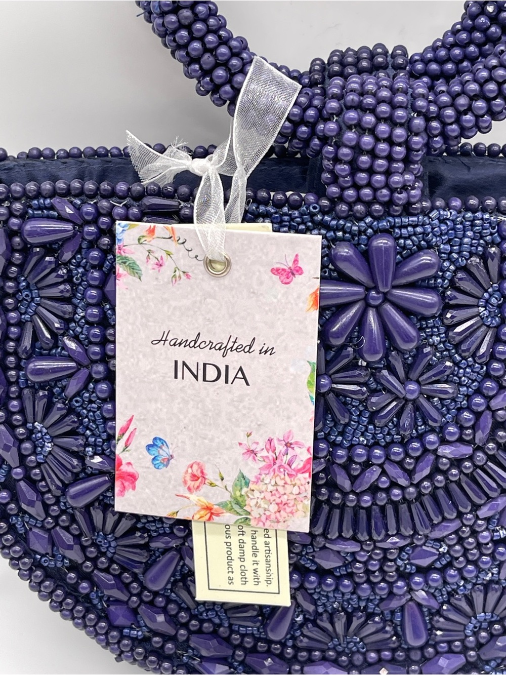 Handcrafted In India Blue Purple Beaded Round Handle Evening Purse Luxe Chic NWT - Picture 4 of 8